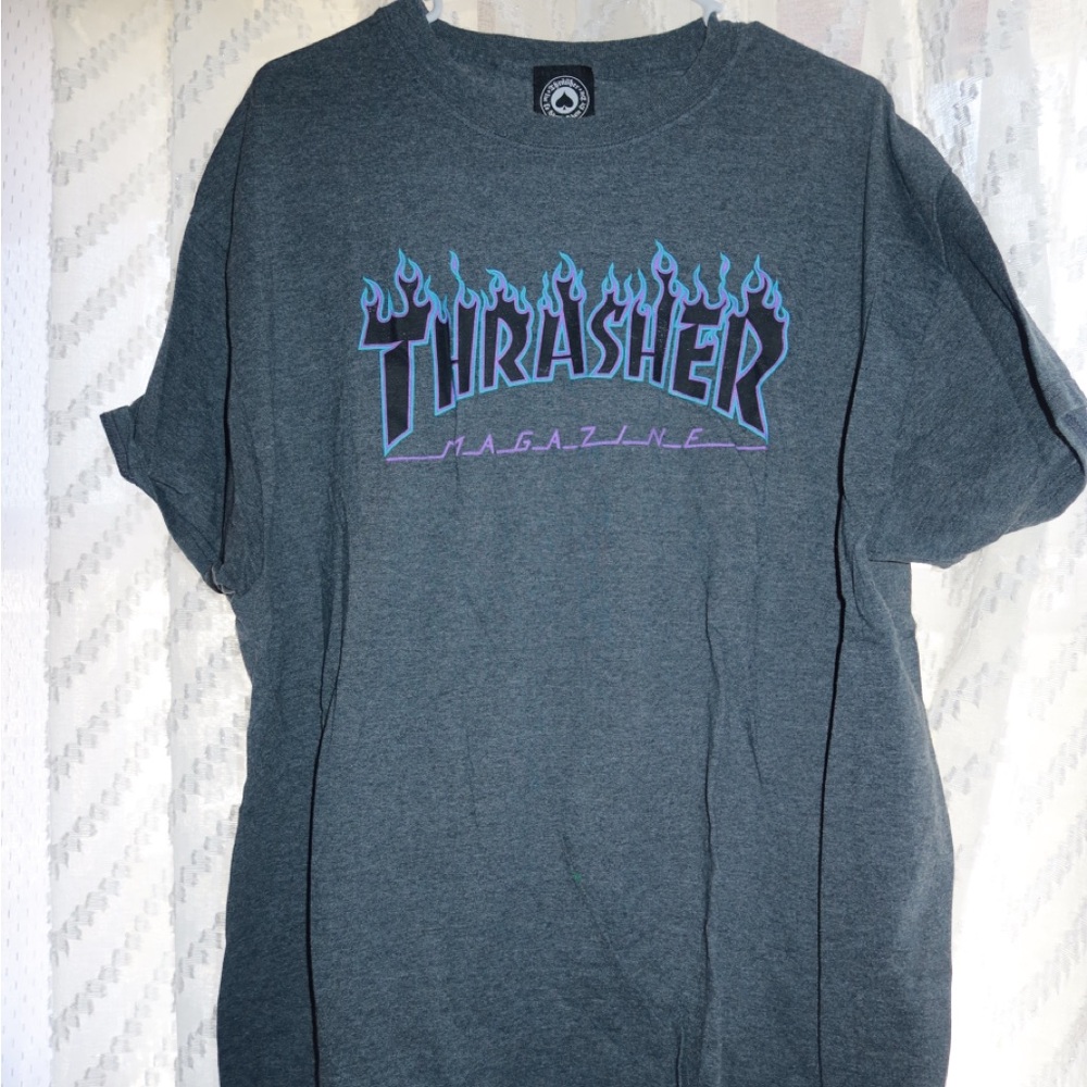 Thrasher Men's Dark Gray Tee with Blue & Purple Flame Logo